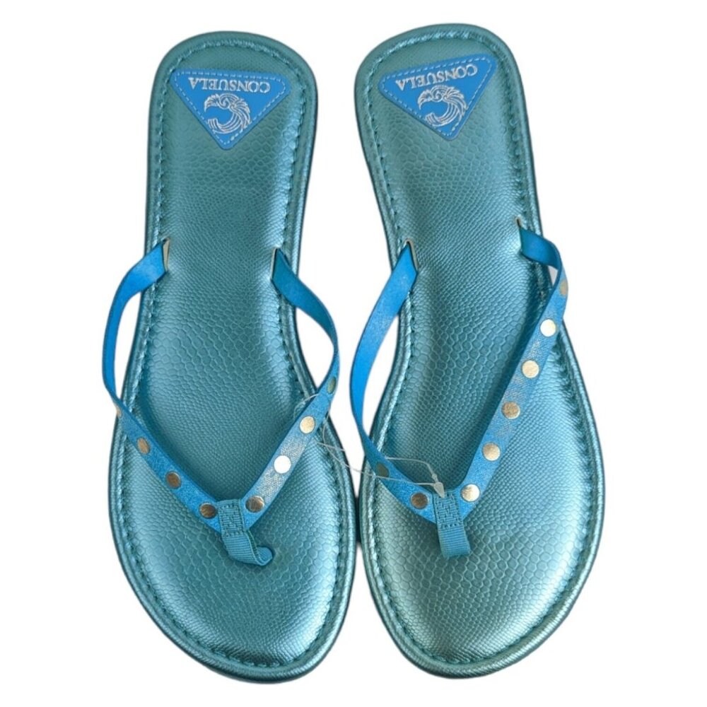 Consuela Blue Metallic Studded Flip Flop Sandals Size Large NWOT